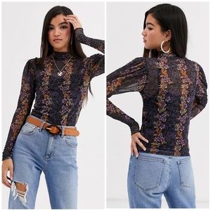 Free People Amber Floral Print Mesh Top Size Large